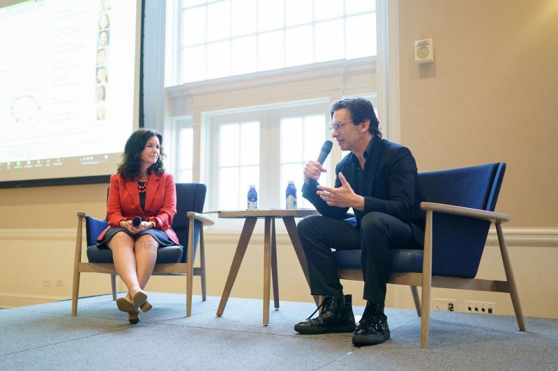 Arts & Sciences Dean Christa Acampora interviews Stanford University social psychologist Geoffrey Cohen at UVA's "Inclusive Futures" conference. Photo credit: Rob Garland