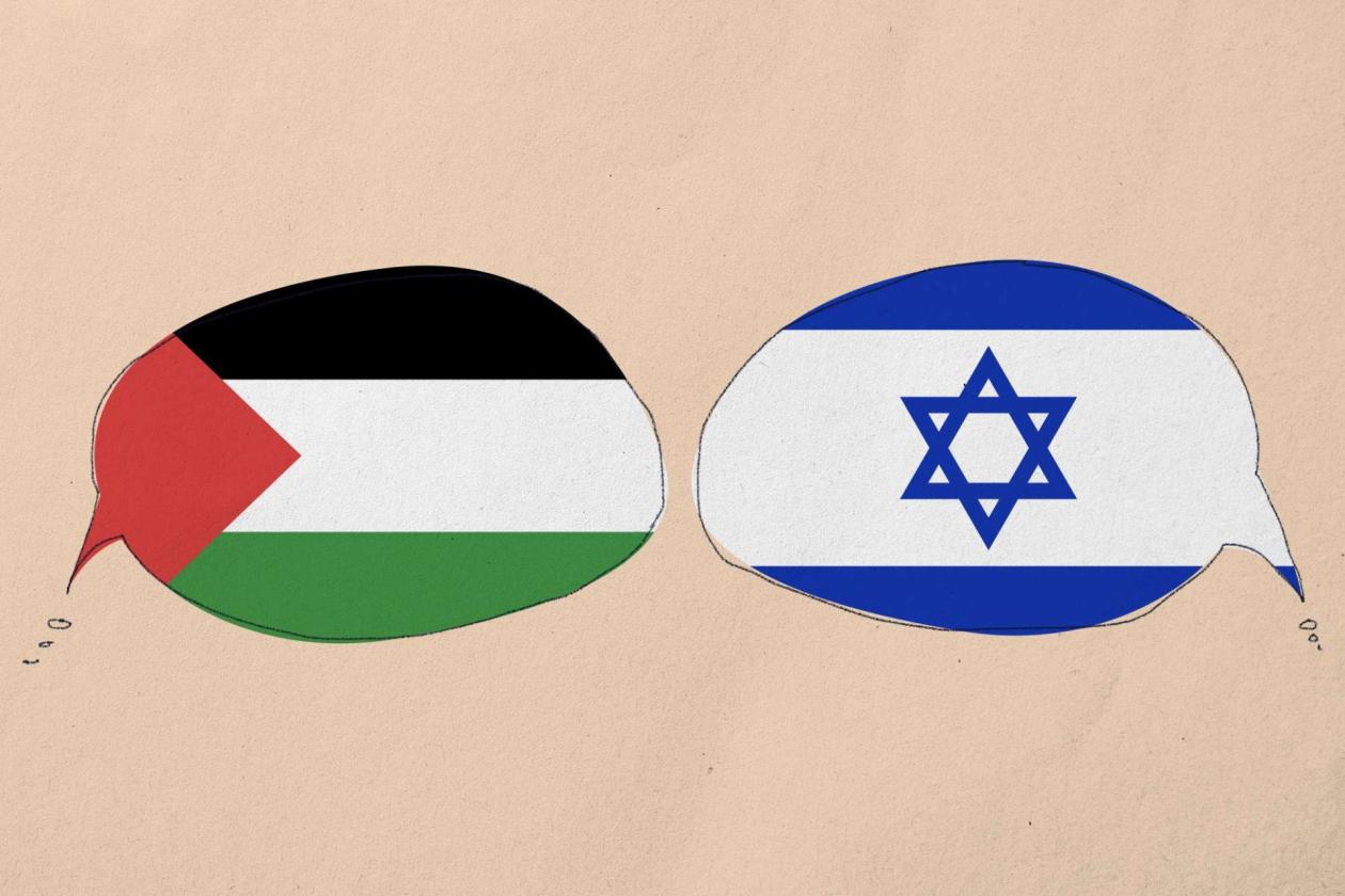 Devorative image of two flags as speech bubbles. One representing Palestine and one representing Israel.